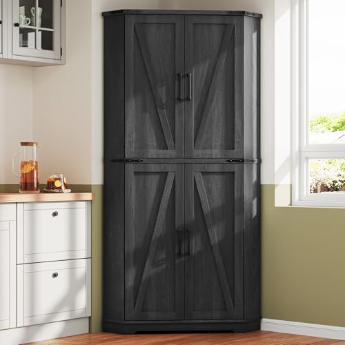 Dripex 71" Corner Cabinet Black, Farmhouse Kitchen Pantry Cabinet with Doors Storage & Adjustable Shelves, Tall Corner Storage Cabinet with LED Light, Food Pantry for Living Room, Dining Room Dripex
