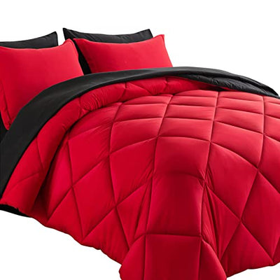 Cosybay Bed in a Bag King Reversible Comforter Sets 7pcs All Season Down Alternative Bedding Sets Red and Black with Comforter, Pillow Shams, Flat Sheet, Fitted Sheet and Pillowcase