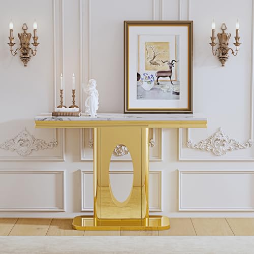 47" Rectangular Console Table, Modern Accent Table with White Faux Marble Top and Gold Mirror Stainless Steel Base, Modern Entryway Table for Living Room, Bedroom, or Hallway AF ARTISAN FURNITURE