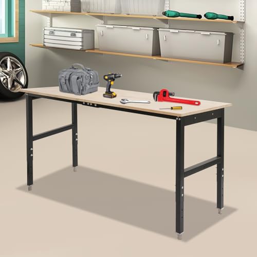 Sootvp 72" L X 25" W Adjustable Workbench, 28-39.5" Adjustable Height & 3000 LBS Load Capacity, Oak Wood Heavy-Duty Work Table Garage Worktable with Power Strip and Wheels for Studio, Workshop Sootvp