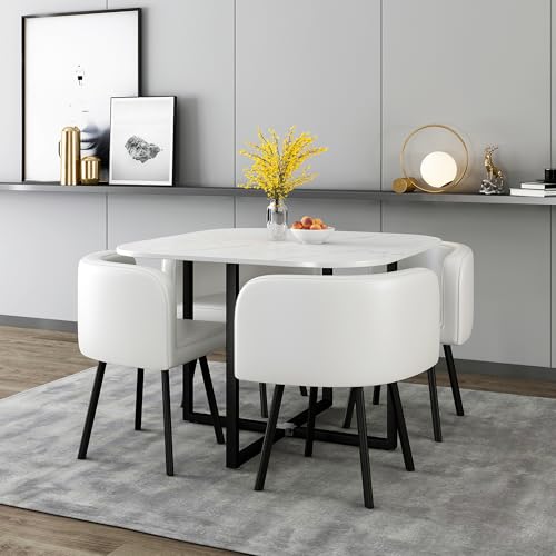 Square Dining Table Set for 4, 39" Small Conference Tables Set, Faux Marble Negotiation Table with Strong Metal Frame and 4 White PU Leather Upholstered Chairs, for Meeting Room, Office, Apartment AMHDDT