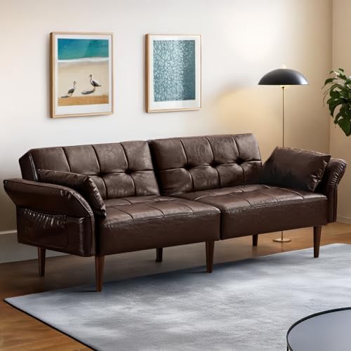 HALLYBEE 85” Futon Sofa Bed, Sleeper Sofa, Small Couch with Storage Adjustable Armrests Pillows, Faux Leather Loveseat, Mid Century Modern Couches for Living Room, Bedroom, Apartment, Coffee Brown HALLYBEE