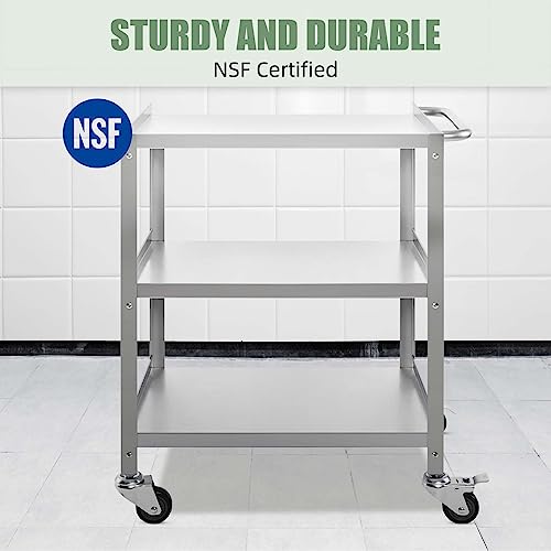 Hally Stainless Steel Utility Cart 3 Tier NSF Commercial Heavy Duty Metal Mobile Food Rolling Cart with Handle and Wheels for Kitchen, Restaurant, Hospital, Laboratory and Home, 24" L x 16" W x 34" H HALLY SINKS & TABLES H