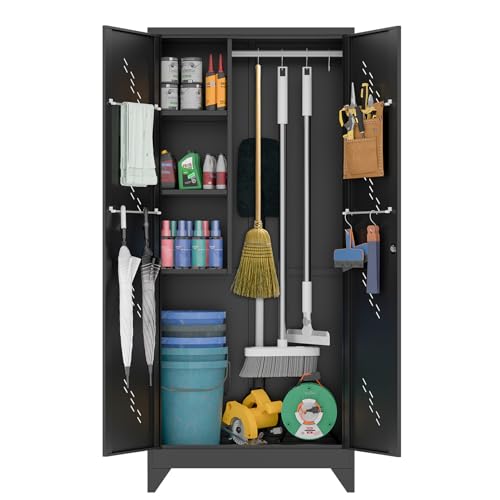 YILFANA 75" Metal Storage Cabinet with Lockable Doors, Functional Garage Storage Cabinets, Heavy-Duty Tool Organization Cabinet with Hanging Rod & S-Hooks (75" Utility Closet) YILFANA