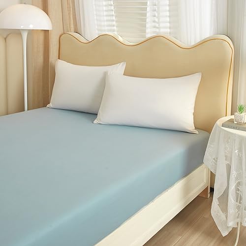 VM VOUGEMARKET Foggy Blue Twin Fitted Sheet 1 Piece,100% Cotton Blue Single Bottom Sheet with 15" Deep Pocket,Comfortable and Breathable Mattress Cover VM VOUGEMARKET
