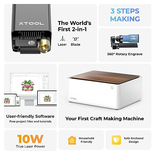 xTool M1 10W Laser Engraver with RA2, Class I Laser Engraver, 3-in-1 Laser Engraving Cutting, Blade Cutting, Supports Processing Glass, Cylindrical Objects xTool