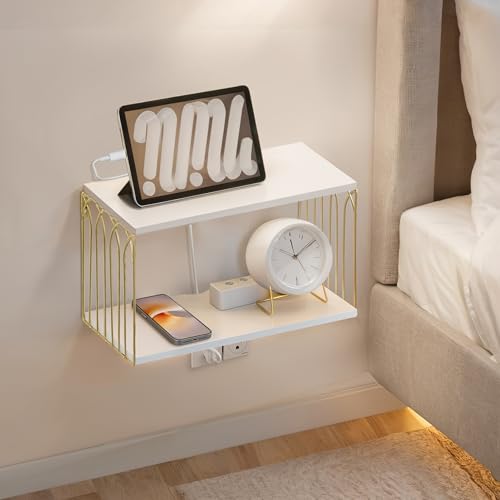 Sivapleso Floating Nightstand with Cable Hole, Modern Minimalism Small Wall Mounted White&Gold Bedside Table Pine Wood Hanging Night Stands Storage 2 Tier Shelf for Bedroom Bathroom Kitchen Sivapleso
