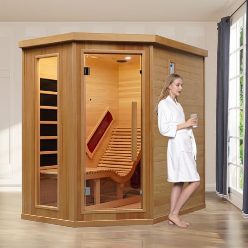 Smartmak Far Infrared Single Recliner Wooden Sauna,Home Indoor Canadian Hemlock Wooden Sauna,with 6 Heaters,Oxygen Bar,LED Controller,Bluetooth,Color Therapy Light(220V, 2300W) Smartmak