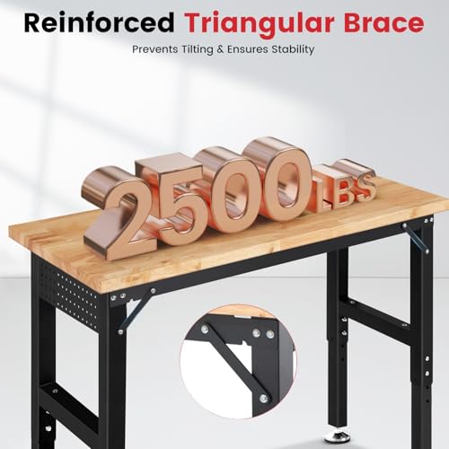 ENJOYWOOD Workbench with Wheels 60 Inch Rubberwood Tabletop Garage Workbench Adjustable Height Work Bench with Pegboard, Power Outlets for Woodworking, Home, Office, Workshop ENJOYWOOD