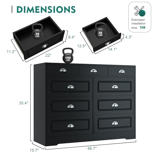 Shintenchi Dresser for Bedroom with 9 Drawers,Double Dresser & Chest of Drawers Wooden Organizer with Metal Handle, Storage TV Stand for Living Room Shintenchi