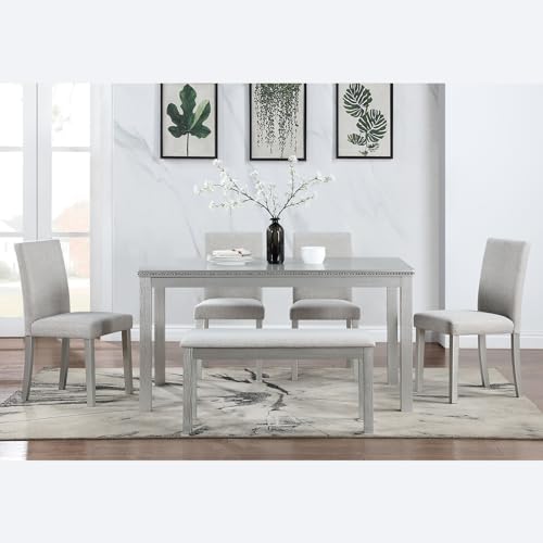 Ball & Cast 6 Piece Dining Table Set,Kitchen Table Set for 6 W/ 58.5" Rectangular Wooden Dining Table,Living Room Furniture W/ 4 Upholstered Chairs & 1 Bench,for Dining Room,Kitchen,Silver Grey Ball & Cast