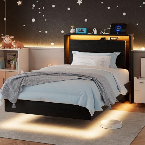 Einhomn Twin Bed Frames with LED Lights and Charging Station - Wood Floating Bed Frame with Storage Headboard, Adhesive Slats, Kick-Free & Noise-Free Design, Easy Assembly, Black Einhomn