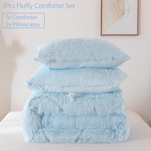 BYHOFMLY Light Blue Queen Size Comforter Sets Faux Fur Fluffy Girls Bedding Sets Plush Shaggy Velvet Furry Comforter 3Pcs Warm Fuzzy Teen Girl Bed Set (Light Blue, Full/Queen) BYHOFMLY