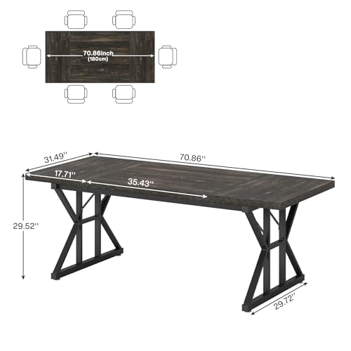 Tribesigns Farmhouse Dining Table for 6 People, 70.8-Inch Rectangular Wood Dining Table, Rustic Kitchen Table with Heavy Duty Metal Legs for Dining Room (Black, 70.8 Inch) Tribesigns