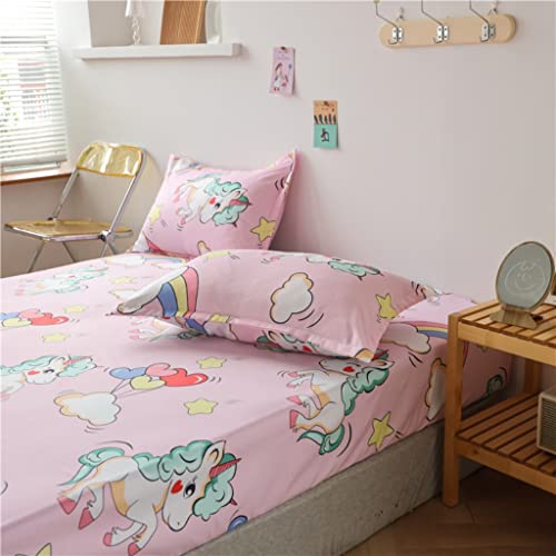 Girls Unicorn Fitted Sheet King Cute Dreamy Horse Bed Sheet Set for Kids Children Bedroom Decor Cartoon Magical Animal Bedding Set Girly Fantasy Unicorn Rainbow Bed Cover (Flat Sheet Not Included) Feelyou