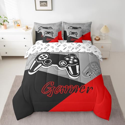 Feelyou Gamer Comforter Set with Sheets for Boys Teens Gaming 7 Piece Bedding Set King Size Video Game Contoller Home Bed in a Bag Decor for Kids Bed Set Feelyou