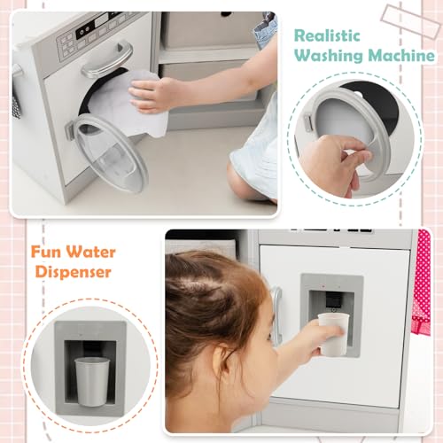 HONEY JOY Corner Kids Kitchen Playset, Wooden Play Kitchen for Toddlers, Range Hood, Water Circulation, Water Dispenser, Storage Box, Little Chef Pretend Toy Kitchen Set w/Lights & Sounds, Gray HONEY JOY