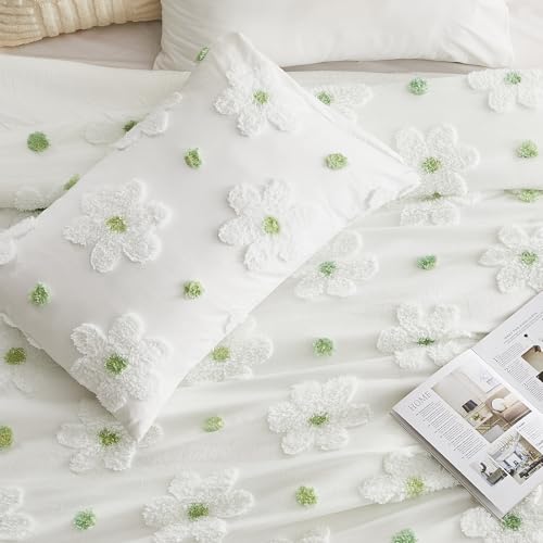 VIVILINEN Full Size Comforter Sets for Girls Floral Bedding Cute Comforter with Tufted Daisies Flowers, Lightweight Full Bed Set 3 Pieces for Kids Teen Girls Women, Green VIVILINEN