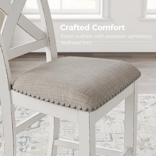 Signature Design by Ashley Robbinsdale Farmhouse Upholstered Barstool, Set of 2, X-Back, Nailhead Trim, Wood, 24.75" H, White & Light Gray Signature Design by Ashley