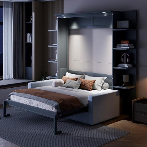 Merax Murphy Bed, Queen Size Wooden Wall Bed with Sofa for Bedroom, Wood Slat Support, No Box Spring Needed, Easy Assembly, Grey Merax