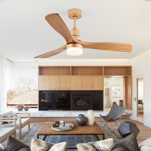 Baitai 52 inch Champagne Gold Luxury Style Ceiling Fan with Light Solid Wood Blade Noiseless Reversible Motor Dimmable Light Memory Living Room and Bedroom Ceiling Fan Baitai