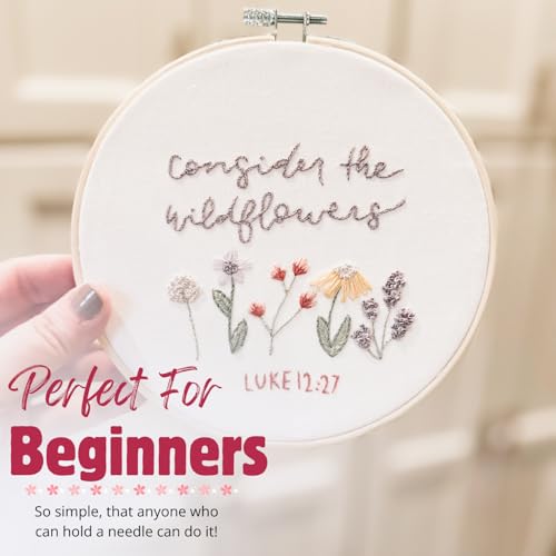 Elly & Grace Christian Embroidery Kit with Embroidery Hoop, Easy Embroidery Kit for Beginners and Adults, Full Embroidery Hoop Kit with Needles and Thread Included (Wildflowers)