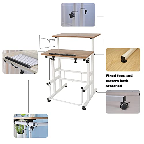 SDADI L101XWFDT Adjustable-Height Steel-Framed Mobile Standing Office Computer Desk with 2 Tiers and Lockable Caster Wheels, Dark Grain SDADI