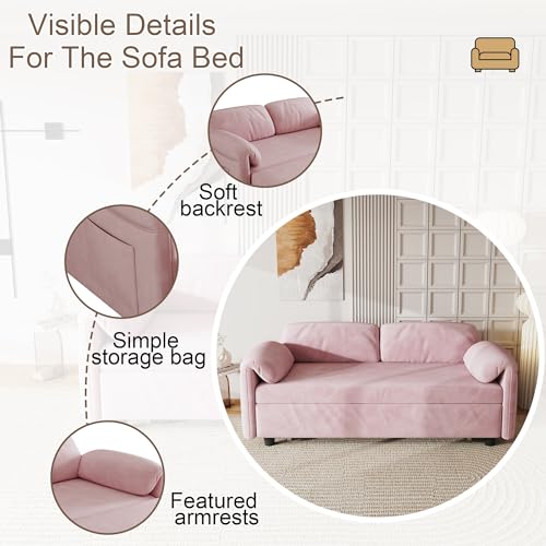 Anwick Modern Velvet 3 in 1 Sleeper Sofa Bed,Convertible Folding Futon Sofa Pull Out Couch Bed with 3 Reclining Backrests,Pillows,54" Small Love Seat for Compact Living Room Office (Pink, 54") Anwick