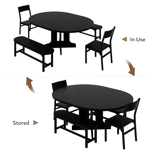 iPormis 5-Piece Round Dining Table Set for 4-6, 59" Extendable Dining Room Table Set with 2 Ergonomic Chairs & 2 Benches, Oval Modern Dinette Table with Metal Frame & MDF Board, Space-Saving, Black iPormis