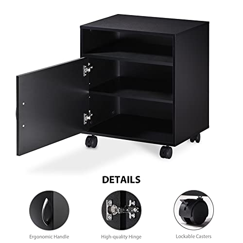 FITUEYES Mobile Printer Stand with Adjustable Storage Shelves, Wood Printer Cabinet with Door, Black Work Cart on Wheels for Home Office, 18.9" W x 13.8" D x 22.4" H FITUEYES