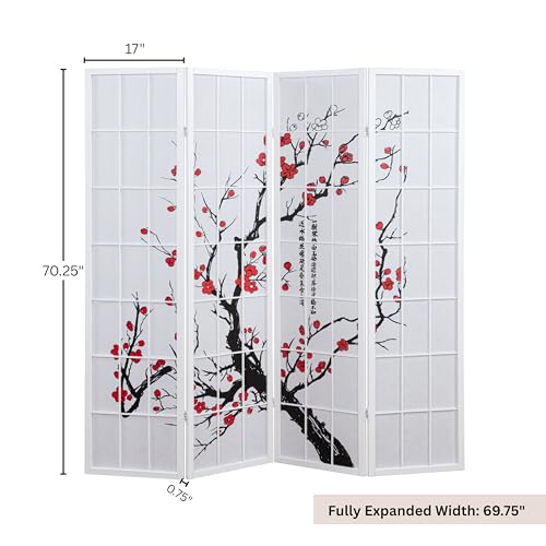 Roundhill Furniture White Japanese 4-Panel Screen Room Divider, Plum Blossom Roundhill Furniture