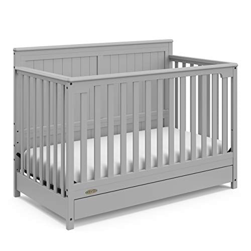 Graco Hadley 5-in-1 Convertible Crib with Drawer (Pebble Gray) – GREENGUARD Gold Certified, Crib with Drawer Combo, Full-Size Nursery Storage Drawer, Converts to Toddler Bed, Daybed Graco