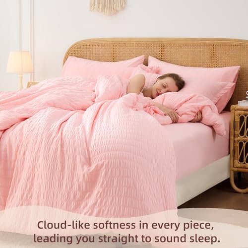 FUANNA Pink Full Size Comforter Sets 7 Pieces, Luxury Seersucker Bed in a Bag Full for All Seasons, Soft Bed Sets with Comforter, Flat Sheet, Fitted Sheet, Pillowcases & Shams for Bedroom FUANNA