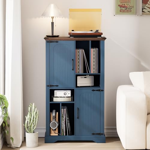 Maupvit Large Record Player Stand, 47" Farmhouse Navy Blue Vinyl Record Storage Cabinet with Barn Doors, Mid-Century Freestanding Rustic Wood Turntable Stand Maupvit