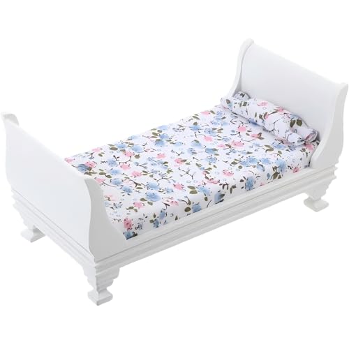 Gxsterd 1/12 Dollhouse Bed Miniature Single Bed Vintage Woode Mini Bed for for 6 inch Dolls Dollhouse Bedroom Furniture with Bedding Fabric (White) Gxsterd