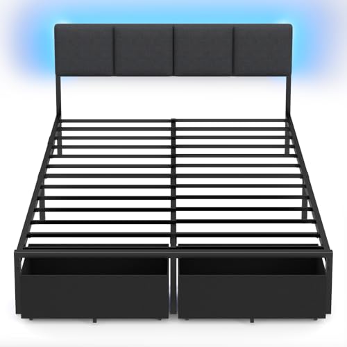 Furnulem Queen Bed Frame with Adjustable Headboard, Upholstered Bed with 2 Storage Drawers, Built-in USB Charging Station & LED Lights, Platform Bedframe with Metal Slats, No Spring Box Needed, Grey Furnulem