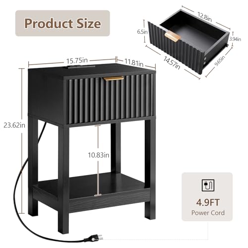 Nasonet Night Stand Set 2, Fluted Nightstand with Charging Station, Wood Bedside Table with Drawer & Storage Shelf, Modern End Tables for Bedroom Sofa Couch Office, Black Nasonet