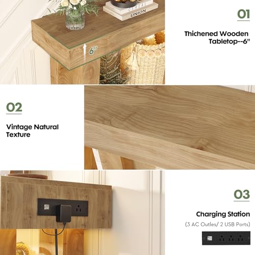 Unikito 63'' Farmhouse Console Table with Power Outlets and Sensor Light, Wooden Entryway Table with Storage, Rectangular Sofa Tables Behind The Couch for Entrance, Hallway, Living Room, Natural Oak Unikito