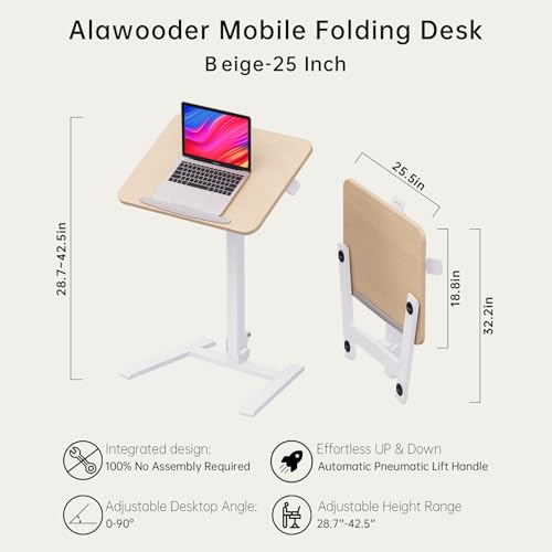 alawooder 25 Inch Mobile Folding Desk - No Assembly Pneumatic Sit-Stand Desk, 29-42" Height Adjustable Rolling Laptop Desk with Hidden Wheels, 0-90° Tilt Top for Home Office, Craft & Study alawooder