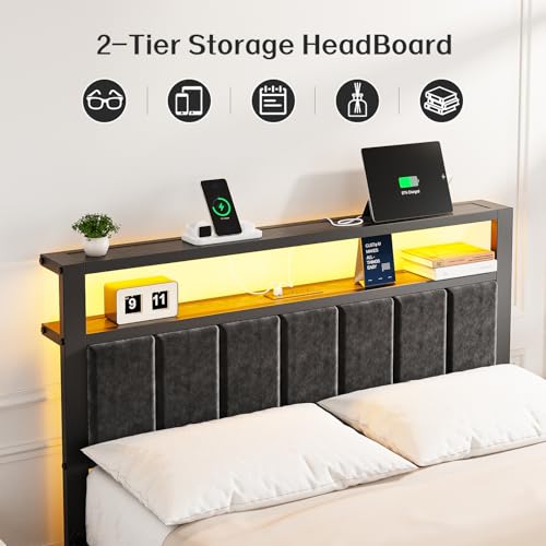 OLEVS Full Size Bed Frame with LED Lights & Charging Station, Modern Platform Bed with Upholstered Storage Headboard, No Box Spring Needed Easy Assembly OLEVS