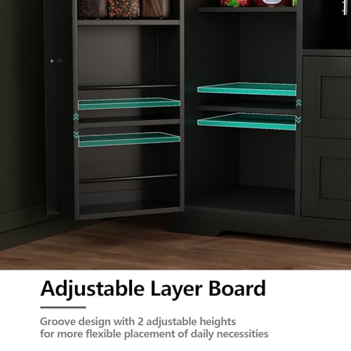 Kitchen Pantry Storage Cabinet,Freestanding Buffet Cabinet with Wine Glass Holder,Food Pantry Cabinet with Doors and Shelves,Tall Kitchen Hutch Cabinet with Microwave Stand for Kitchen (Black) Gyfimoie