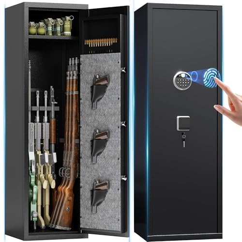 10-15 Large Gun Safe Cabinet With 3 Pistol Pouches,rifle Gun Safes for Home fireproof waterproof Adjustable Rack and Biometric Lock,Heavy-Duty Gun Safes for Rifles and Shotguns Money and Valuable PRESTELION