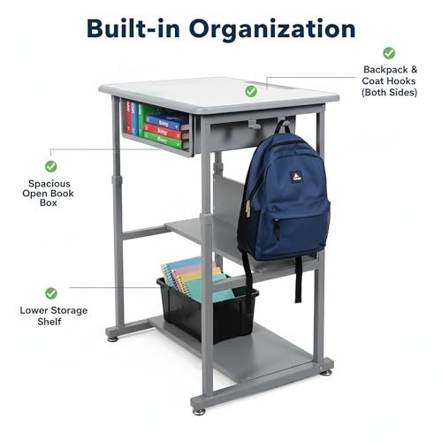 Luxor Student-M Student Desk - Manual Adjustable Desk, Ample Storage with Open Book Box and Shelf, 27.5"W x 19.5"D x 24.5" to 42"H Luxor
