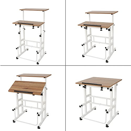 SDADI L101XWFDT Adjustable-Height Steel-Framed Mobile Standing Office Computer Desk with 2 Tiers and Lockable Caster Wheels, Dark Grain SDADI