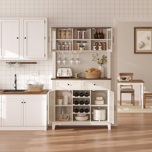 GarveeHome 72 in Tall Kitchen Pantry Cabinet, Kitchen Hutch Bar Cabinet with Microwave Stand, Cupboard with Drawers Glass Doors for Dining Room, White (Antique White, 40" Wide) GarveeHome