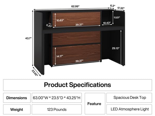Tribesigns Modern Reception Desk with LED Lights, 63 Inches Front Counter Table for Reception Room, Lobby, Beauty Salon, Retail, Large Checkout Counter for Store Shop Clinic Office (Black&Brown) Tribesigns