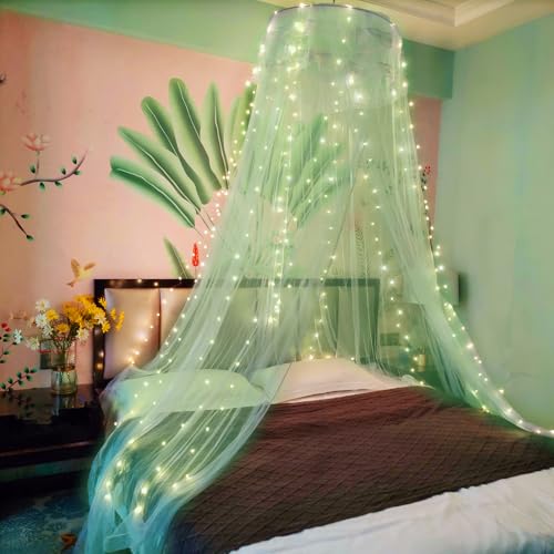 Eimilaly Lace Bed Canopy Mosquito Netting, Princess Bed Canopy for Girls Room Decor, Green/Single Door Eimilaly
