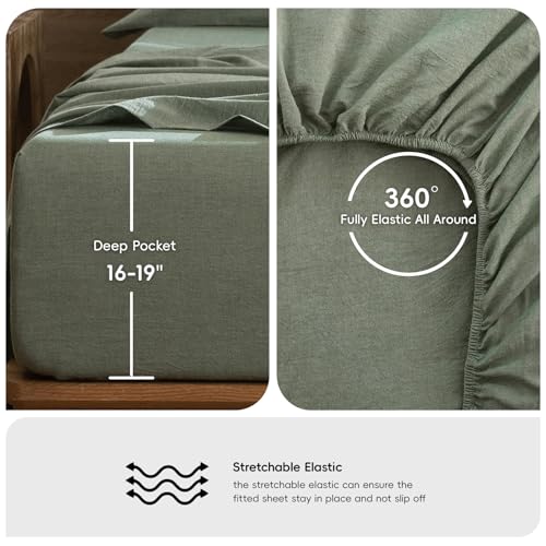 MooMee Bedding Sheet Set 100% Washed Cotton Linen Like Textured Breathable Durable Soft Comfy (Heathered Green, Queen) MooMee