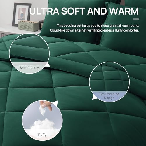 Love's cabin Full Comforter Set Dark Green, 7 Pieces Full Bed in a Bag, All Season Bedding Sets with 1 Comforter, 1 Flat Sheet, 1 Fitted Sheet, 2 Pillowcase and 2 Pillow Sham Love's cabin