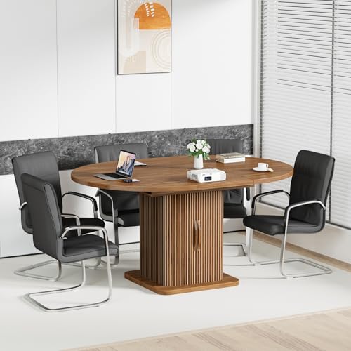 Extendable Round Conference Table for 4-8 People, 43in-59in Modern Oval Meeting Room Table with Storage, Fluted Wood Slide Doors, Small Compact, Office, Training, Conference Room, Walnut Jluomei